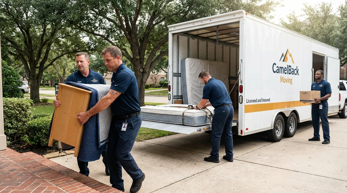 Crew loading residential truck for cross-state move from Claremont, NC