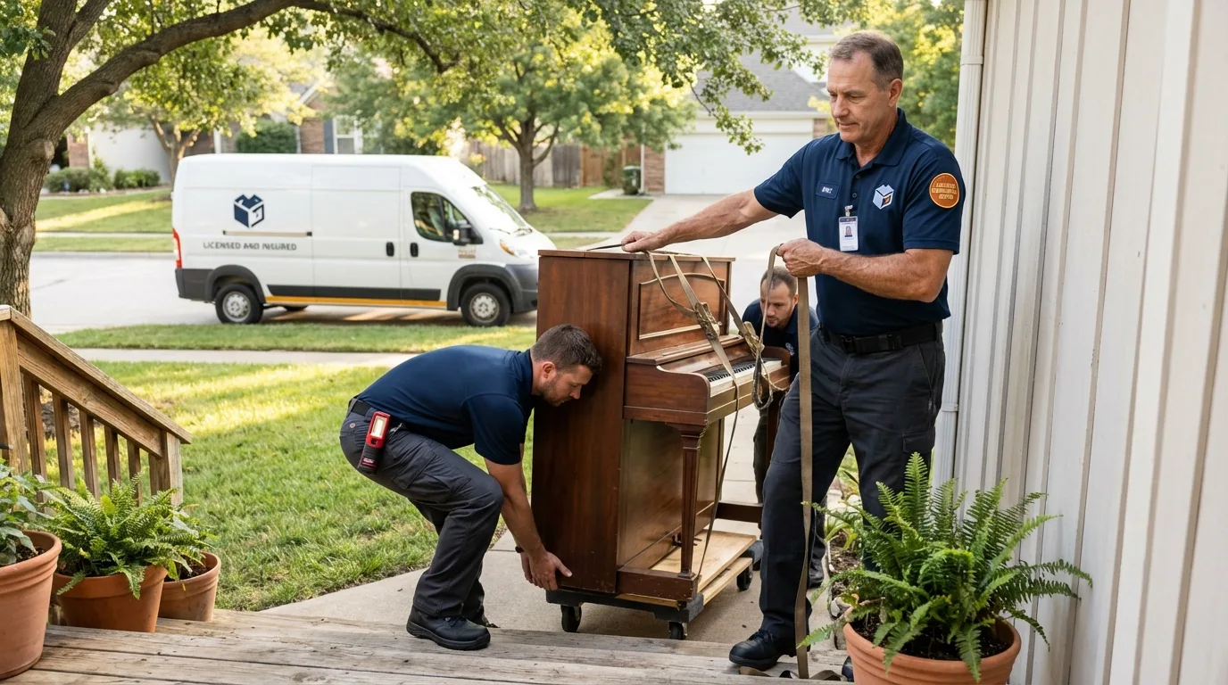 Licensed piano movers securing grand piano in Claremont, NC