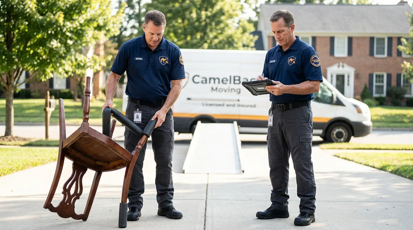 Movers inspecting furniture for damage prevention before loading in Claremont, NC