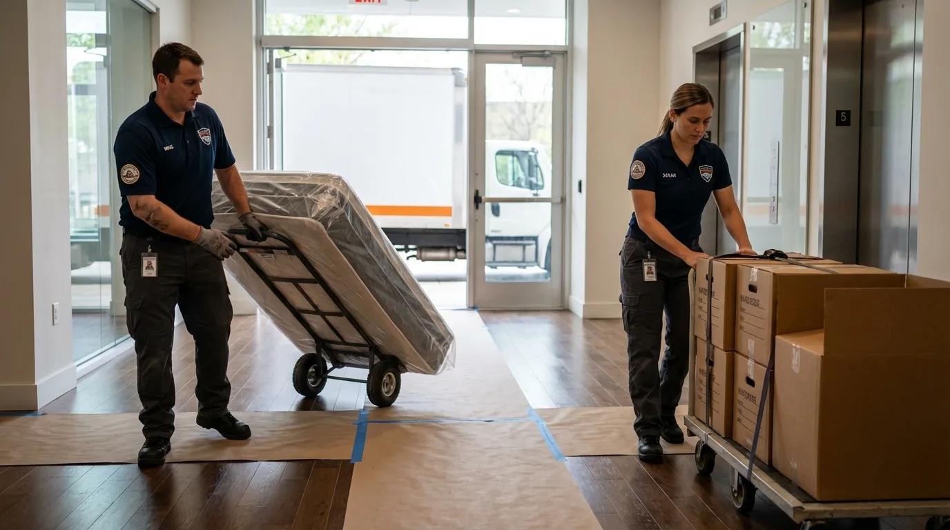 Professional apartment movers loading elevator in Claremont, NC