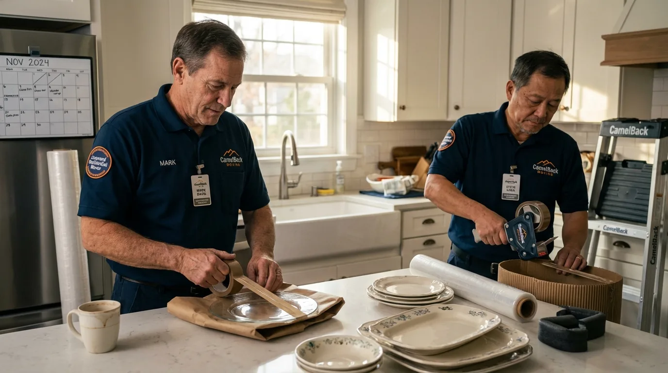 Professional crew packing kitchen dishware in Claremont, NC